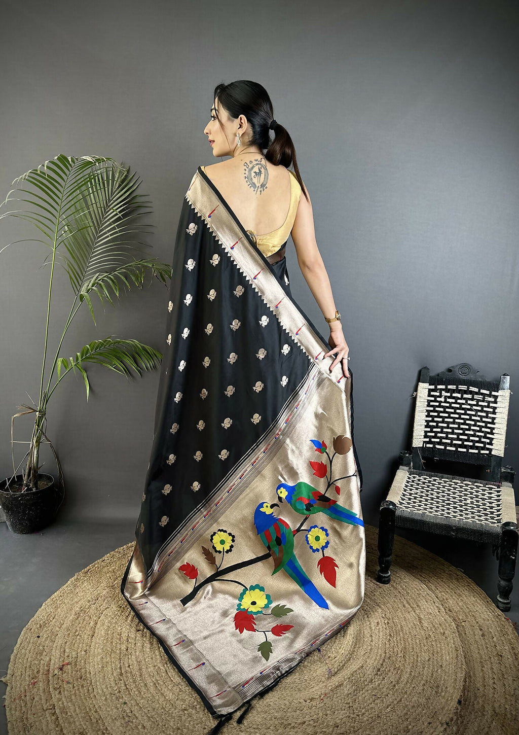 Joban Fashion Black Peacock & Floral Motifs Soft Silk Kanchipuram Saree | Grocsy