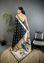 Joban Fashion Black Peacock & Floral Motifs Soft Silk Kanchipuram Saree | Grocsy