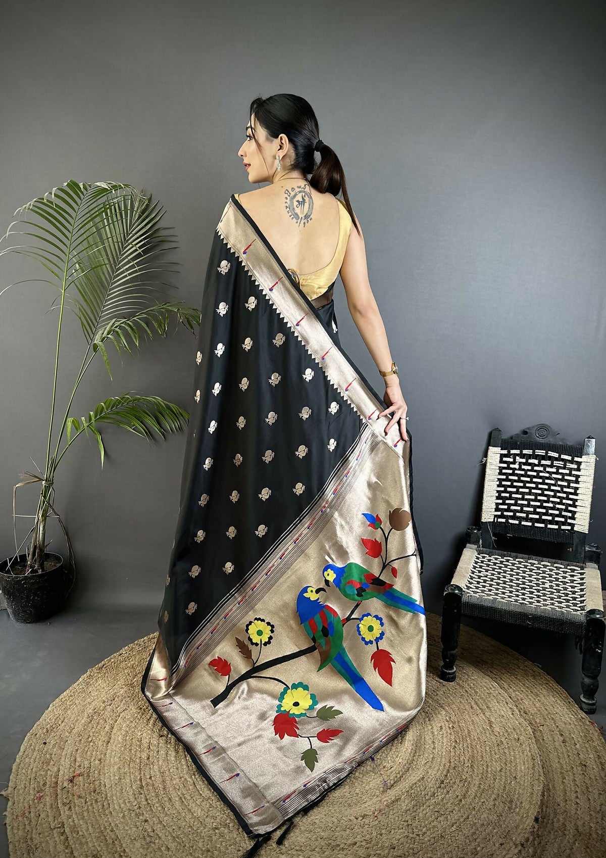Joban Fashion Black Peacock & Floral Motifs Soft Silk Kanchipuram Saree | Grocsy