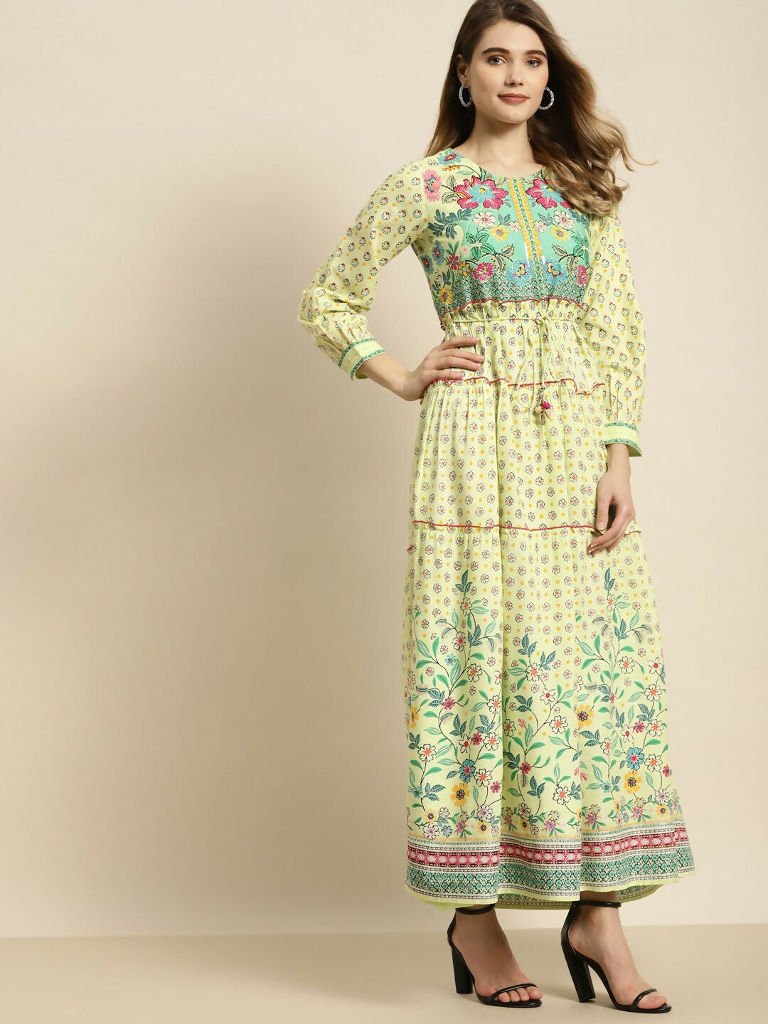 Juniper Lime Green Floral Printed Rayon Maxi Dress With Dori Tie-Up & Tassels On Waist | Grocsy