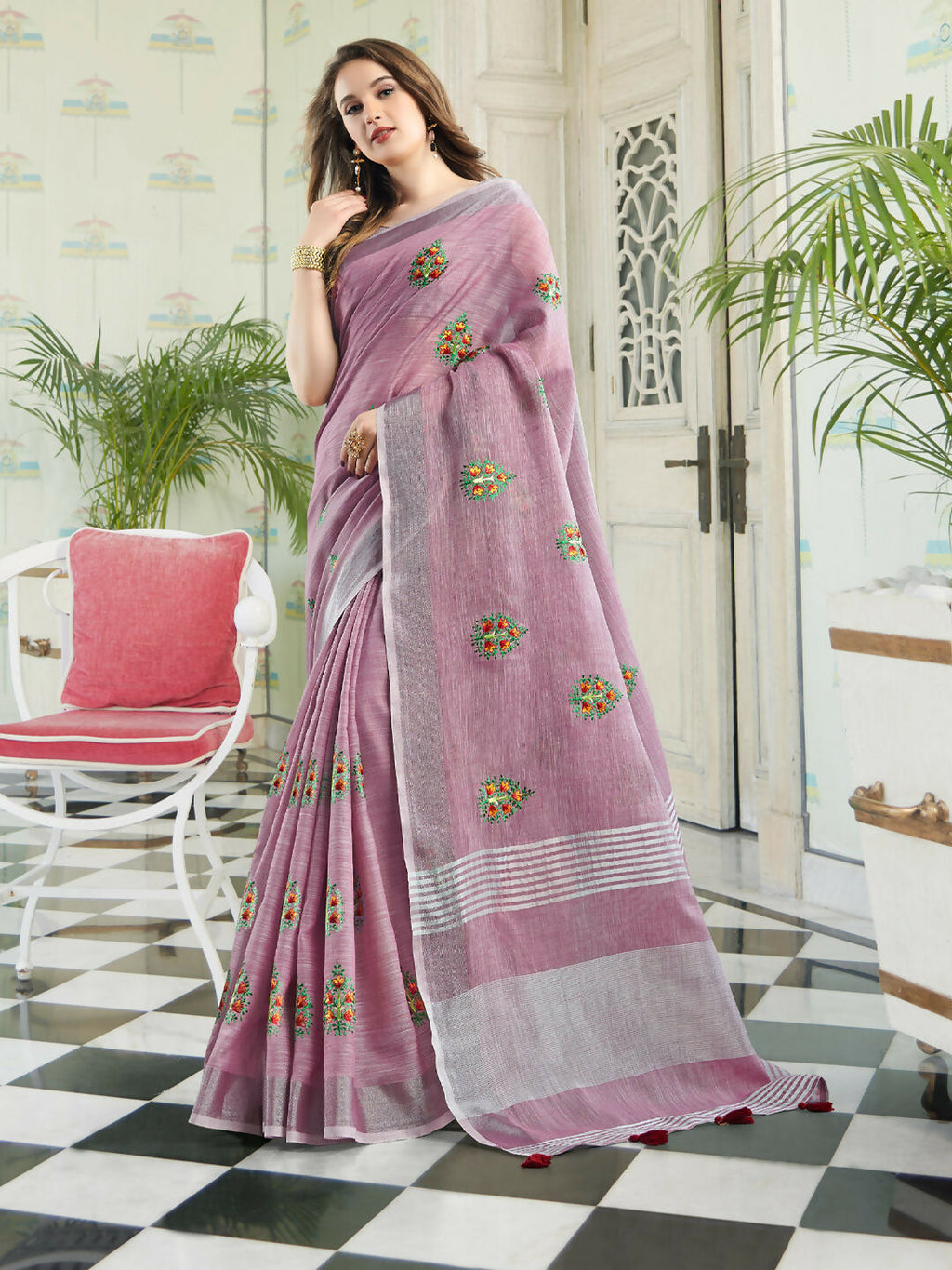 Shree Shyam Fashion Linen Light Purple Saree | Grocsy