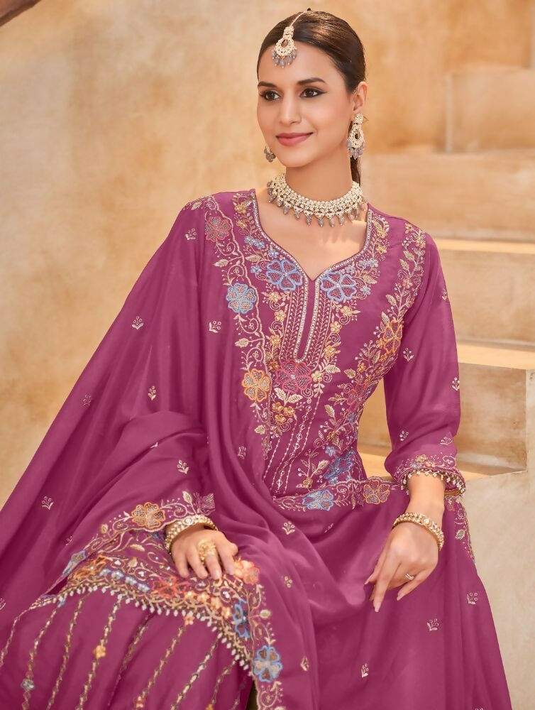 Anaita Magenta Vichitra Silk Readymade Palazzo Suit with Embroidery & Lace Work | Grocsy