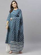 Miravan Women's Cotton Floral Print Anarkali Kurta With Dupatta | Grocsy