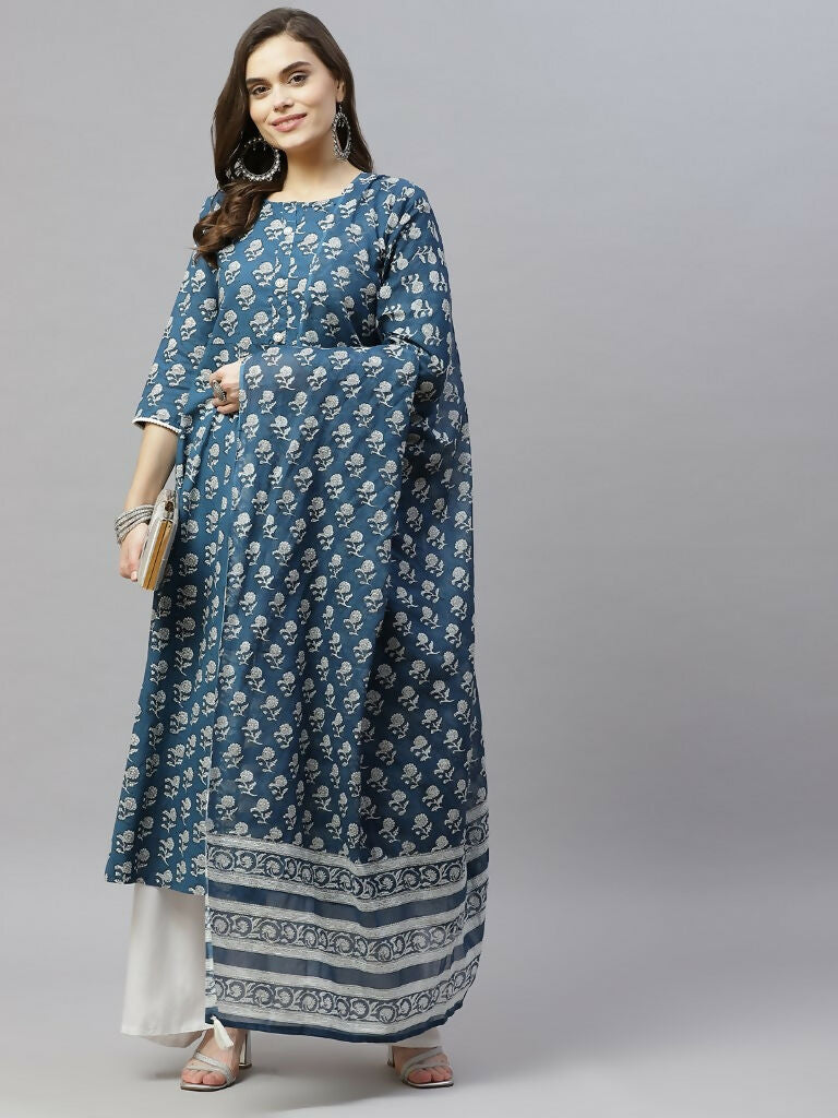 Miravan Women's Cotton Floral Print Anarkali Kurta With Dupatta | Grocsy
