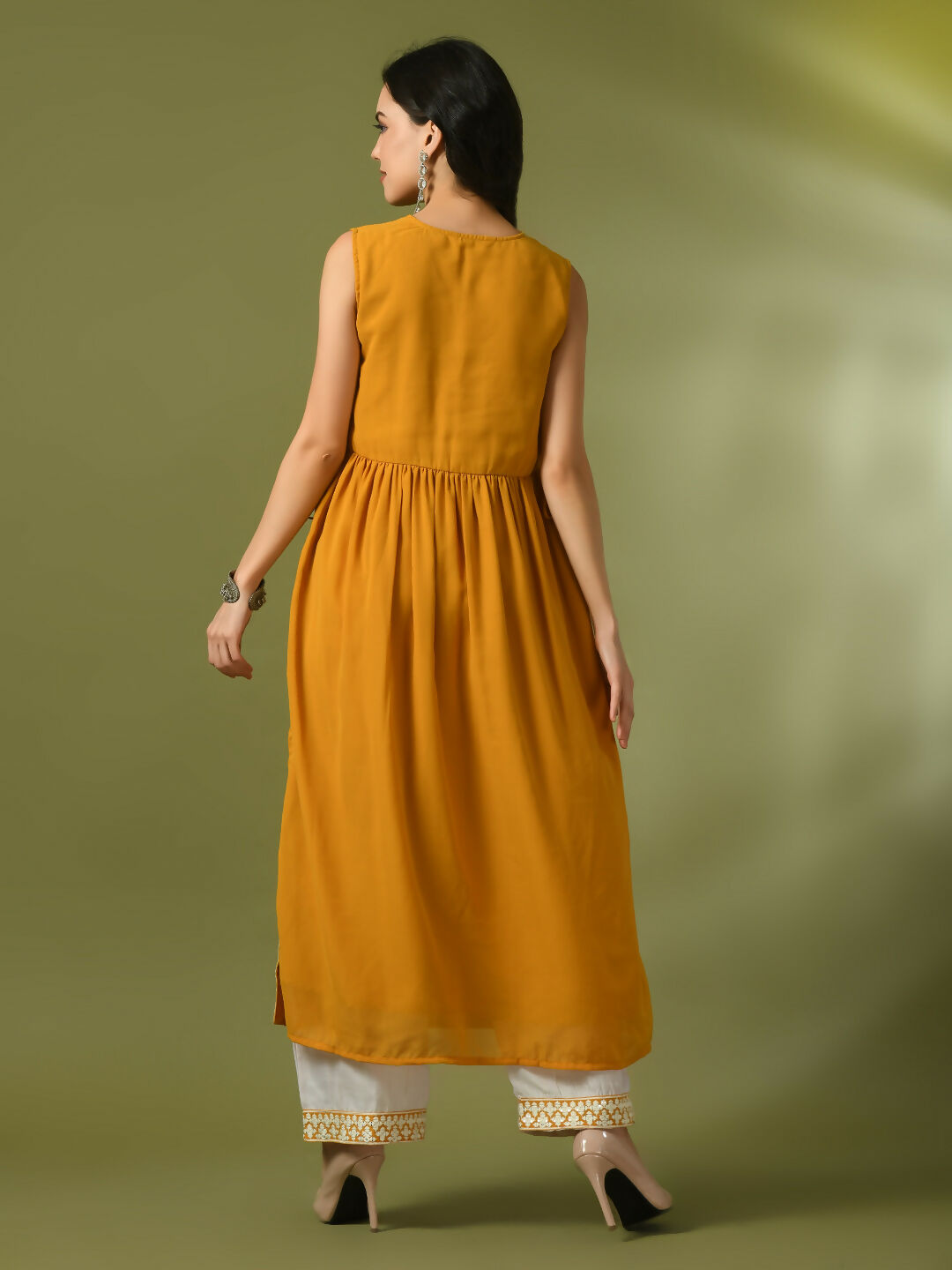 Myshka Women's Yellow Solid Georgette Anarkali Party Kurta Set | Grocsy