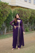 Jyoti Fashion Women's Purple Faux Blooming Embroidered Kurta with Trouser & Dupatta | Grocsy