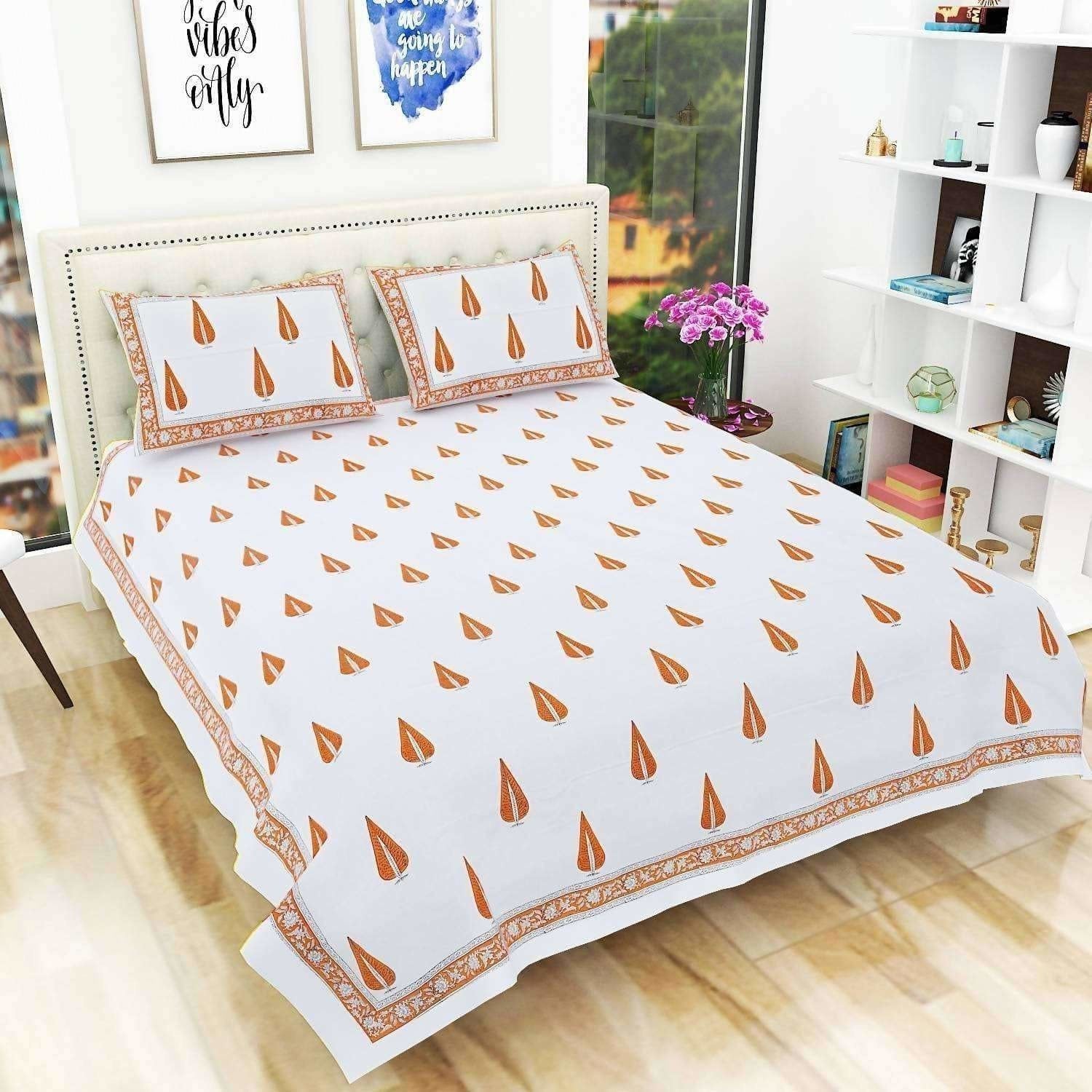 Hand Block Printed Double 230x270 Cms Jaipuri Bedspread with 2 Pillow Covers | Grocsy