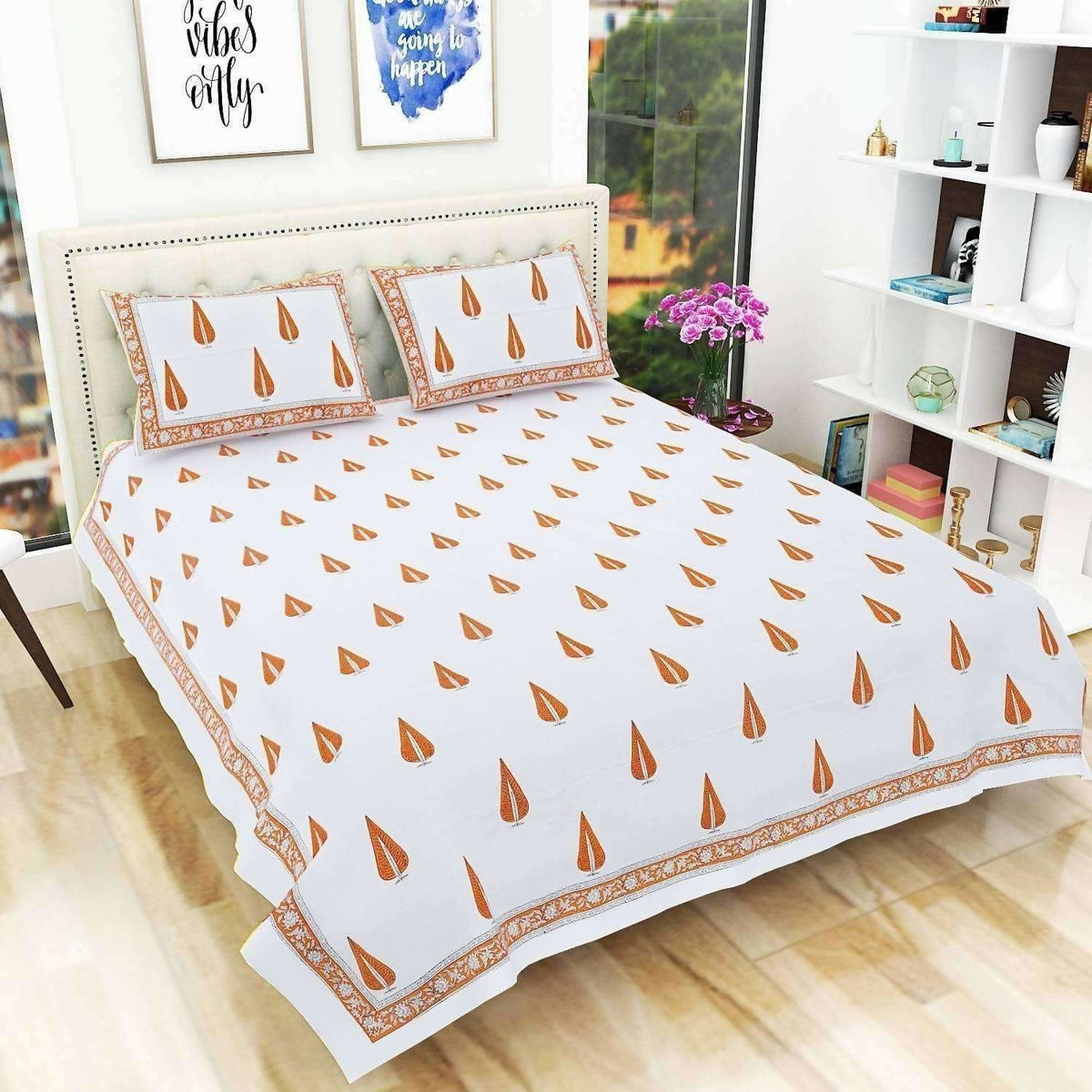 Hand Block Printed Double 230x270 Cms Jaipuri Bedspread with 2 Pillow Covers | Grocsy