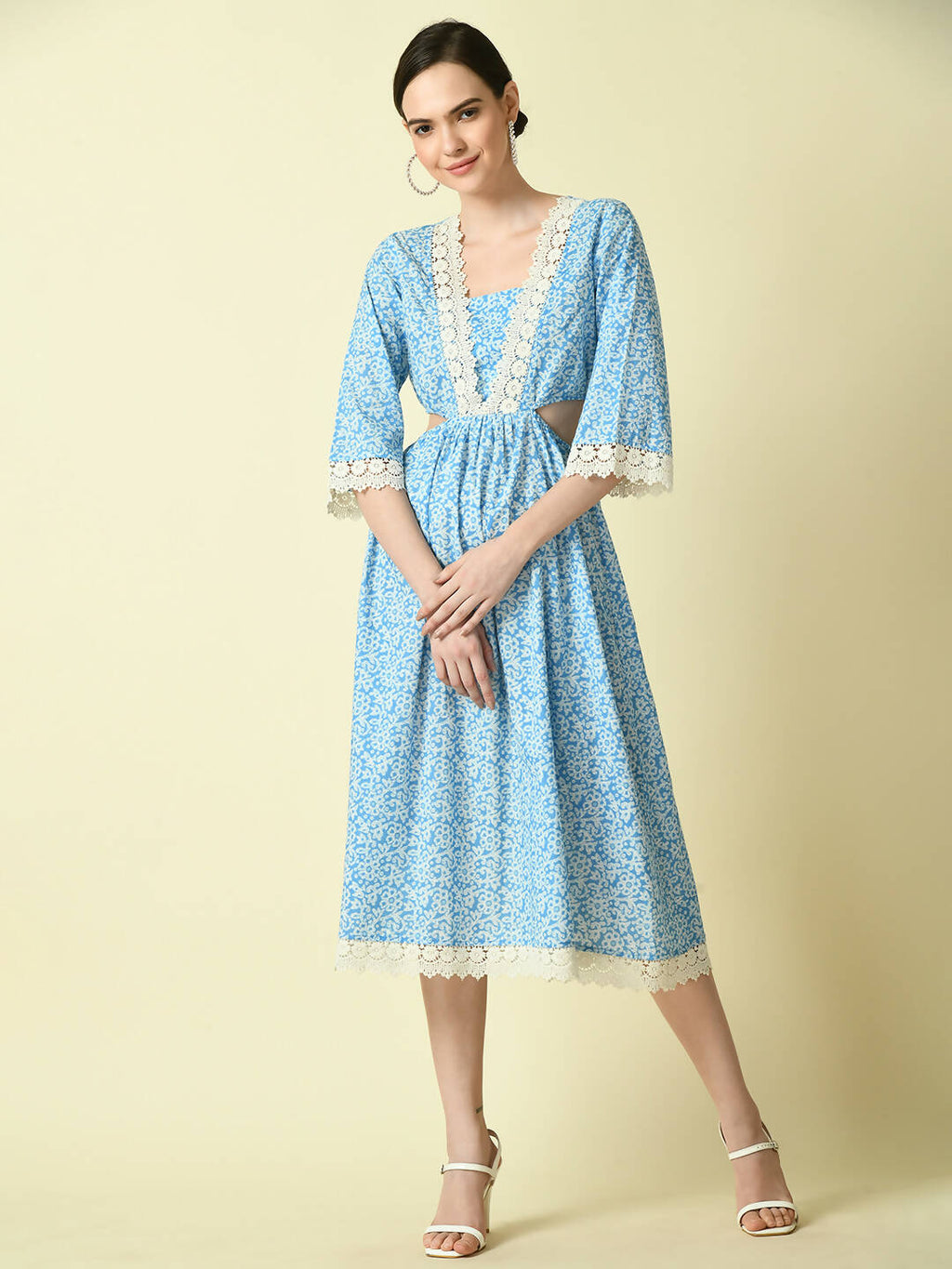 Myshka Women's Blue Floral Printed Fit and Flare Dress | Grocsy