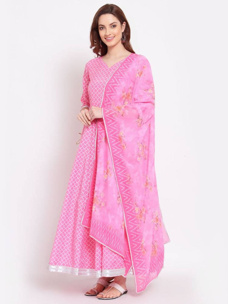 Indian Clothing Myshka Women's Pink Printed Cotton Blend 3/4 Sleeve V Neck Casual Anarkali Kurta Dupatta Set | Grocsy