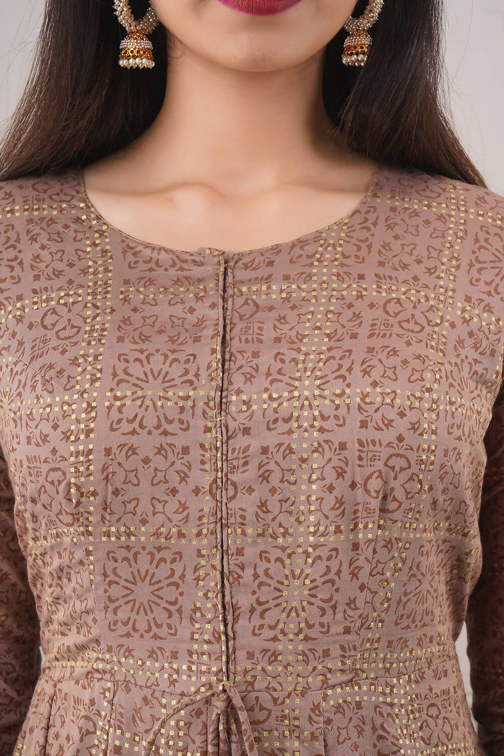 Partywear Designer Hand Screen and Foil Print Lightbrown Pure chanderi Gown - Anbazaar | Grocsy