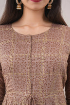 Partywear Designer Hand Screen and Foil Print Lightbrown Pure chanderi Gown - Anbazaar | Grocsy