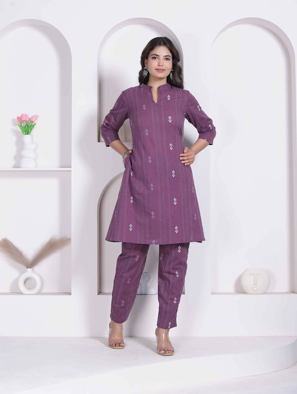 Miravan Womens Abstract Printed Wine Kurta Set | Grocsy