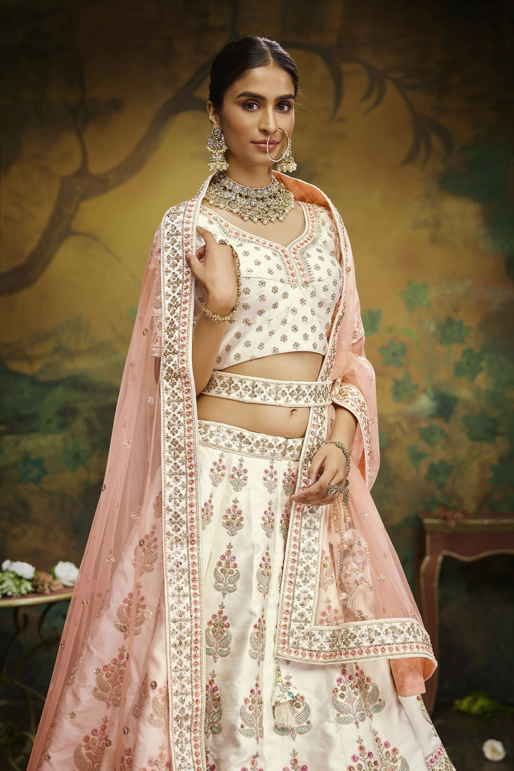 House of Panchhi Off White Pure Silk Moti & Zarkan heavy embroidery Lehenga choli & Dupatta | Grocsy