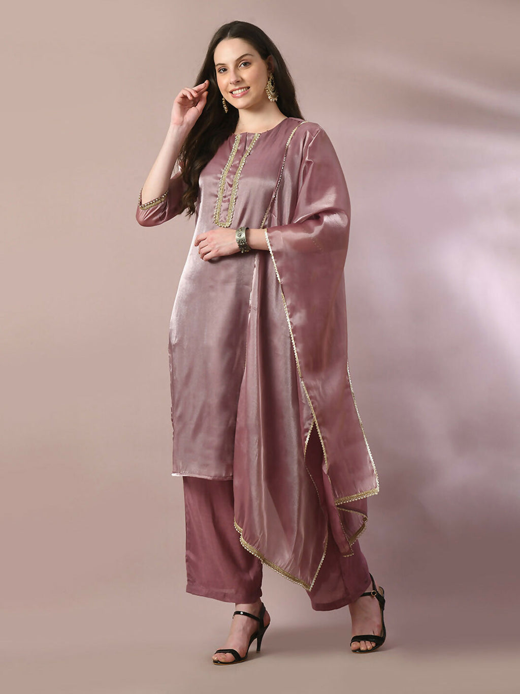 Myshka Women's Brown Solid Straight Party Kurta Set With Dupatta | Grocsy