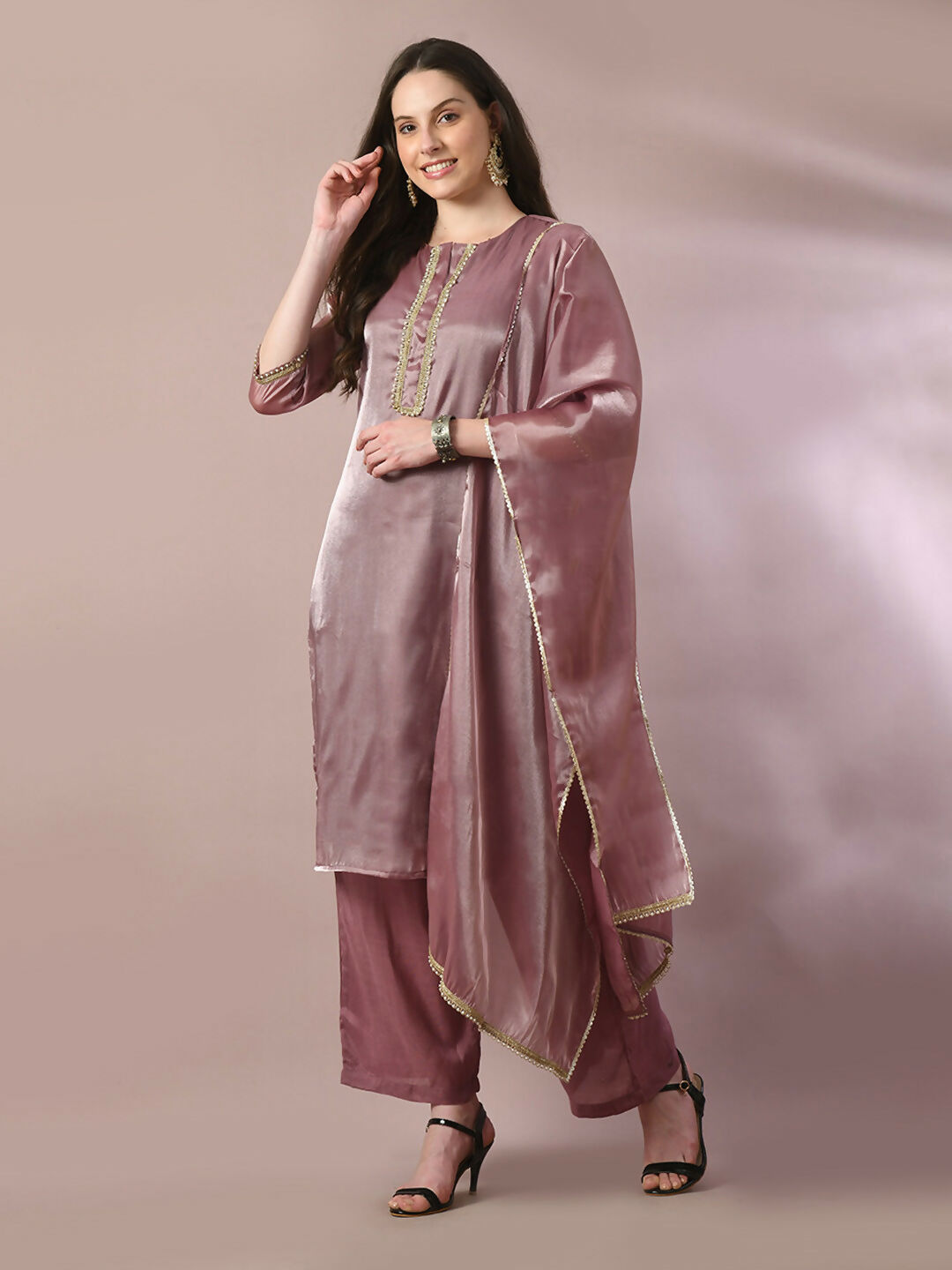 Myshka Women's Brown Solid Straight Party Kurta Set With Dupatta | Grocsy