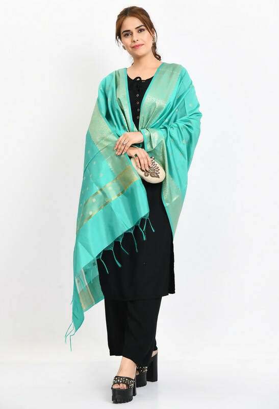 Mominos Fashion Moeza Women's Banarsi Silk Woven Design Sea Green Dupatta | Grocsy