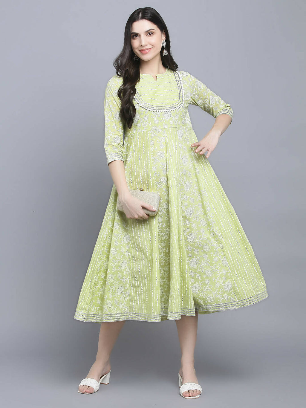 Myshka Women's Green Ethnic Motifs A-Line Midi Dress | Grocsy
