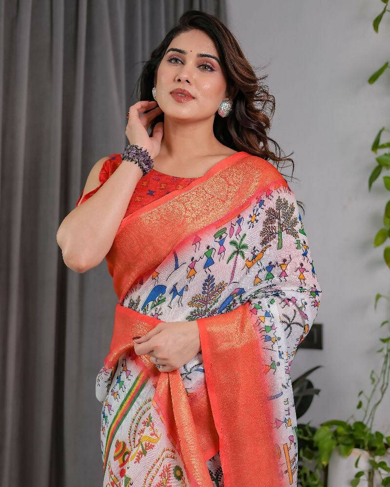 PR Fashion Peach Pure Handloom Linen Saree | Grocsy
