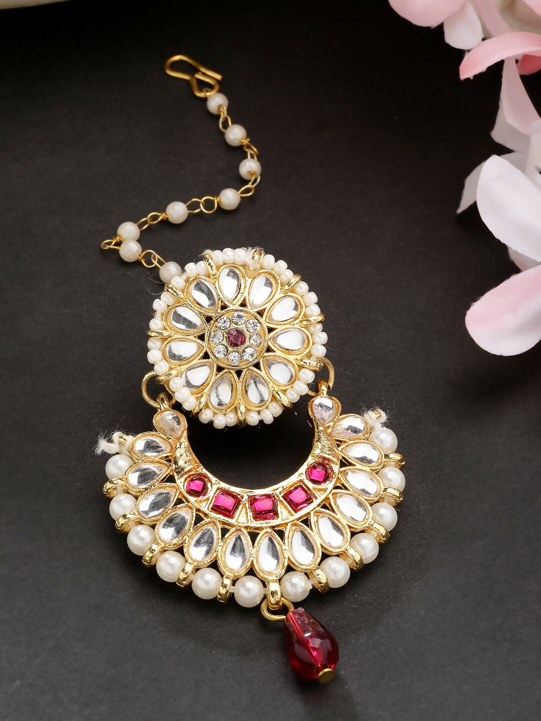 NVR Women's Gold-Polished CZ Stone-Studded Maang Tikka | Grocsy