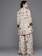 Ahalyaa Women Floral Printed Tunic with Palazzos - Beige Color | Grocsy