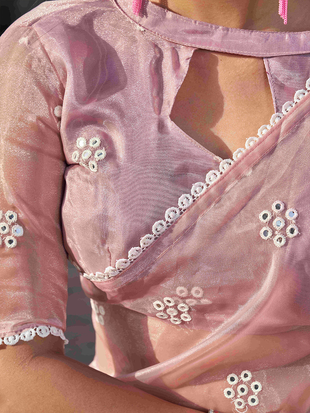 Tikhi Imli Pink Floral Embroidered Mirror Work Organza Saree | Grocsy