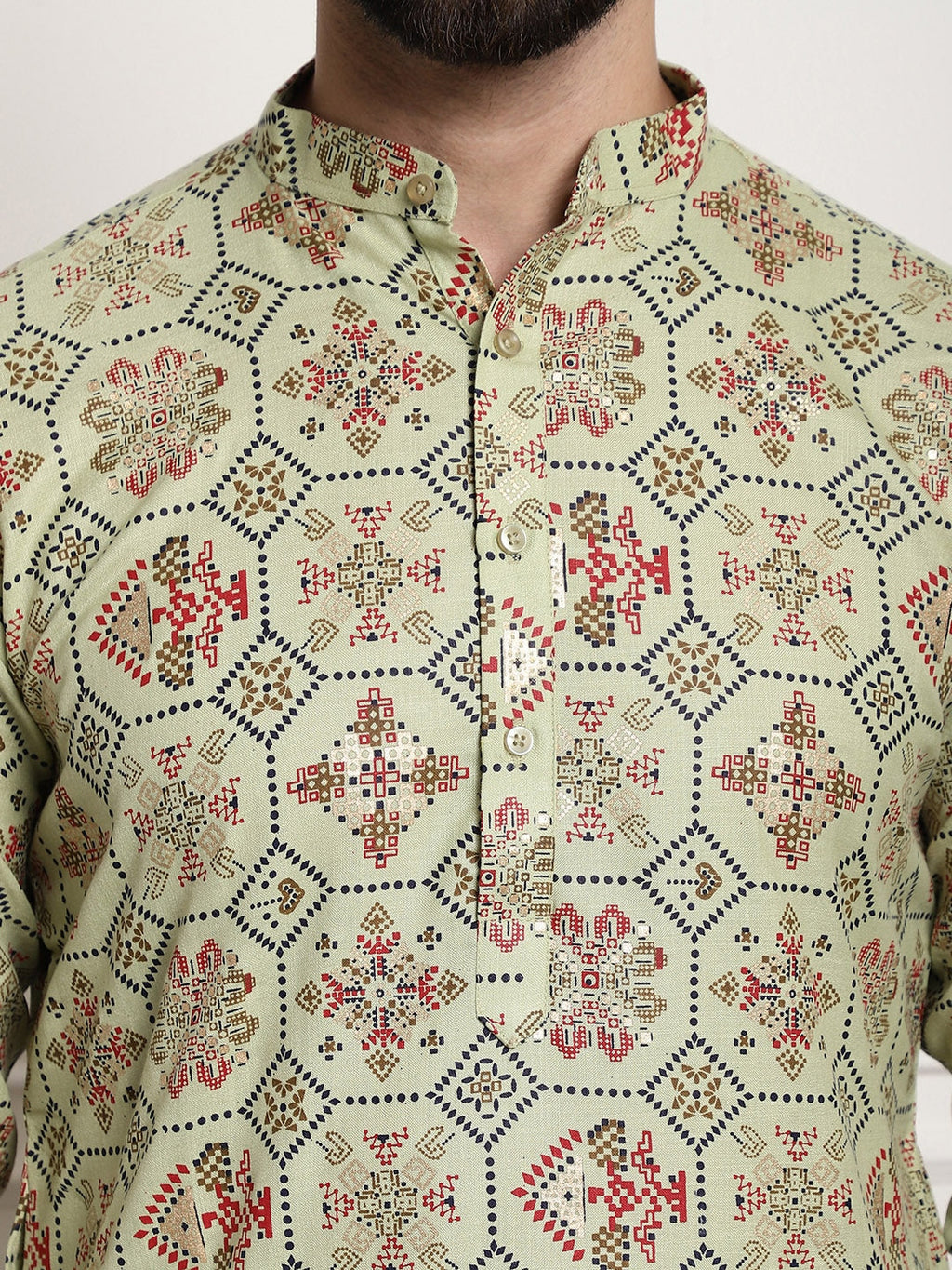 Sojanya Men Green Printed Cotton Linen Kurta with Churidar | Grocsy