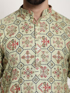 Sojanya Men Green Printed Cotton Linen Kurta with Churidar | Grocsy