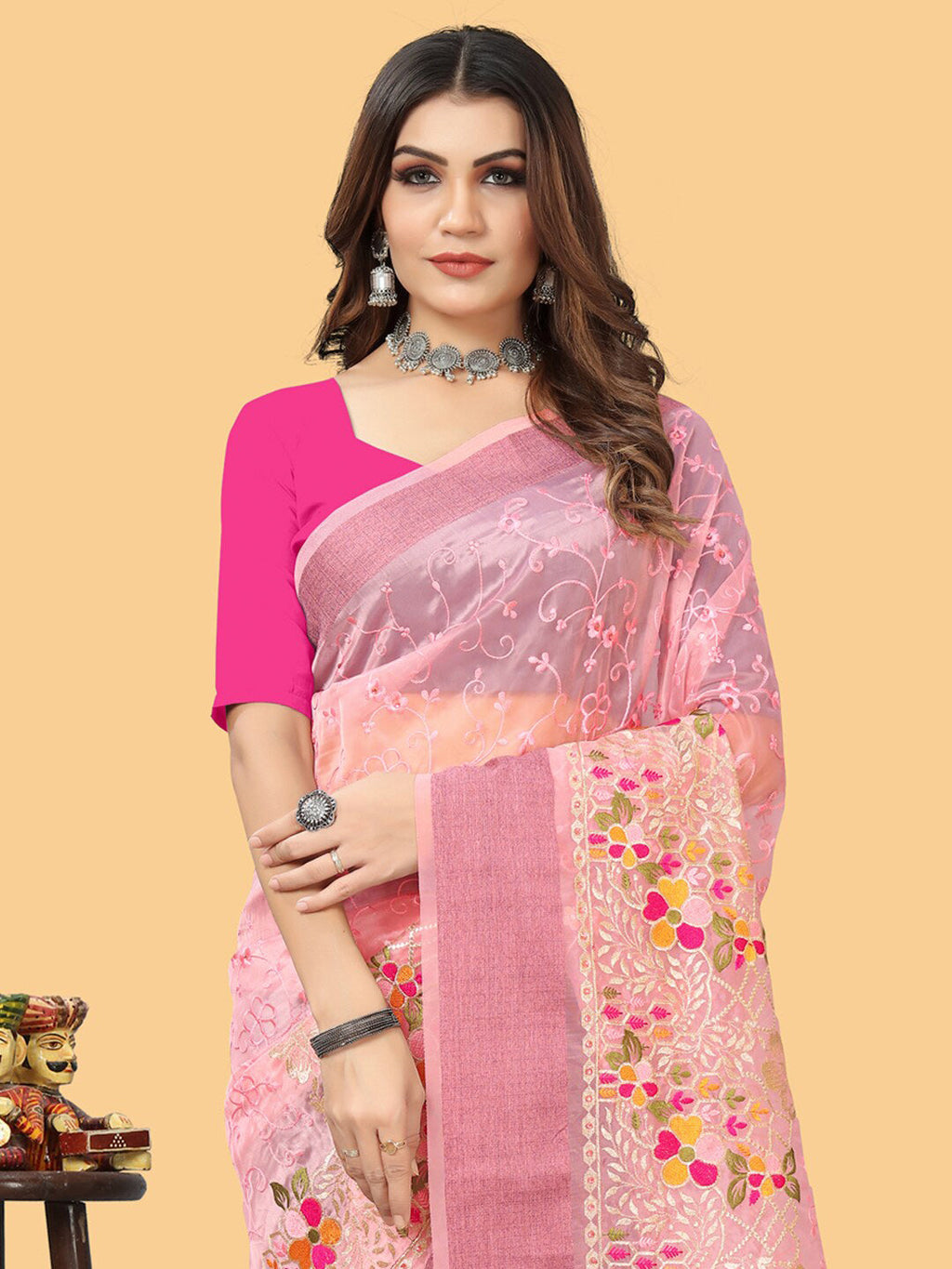 Sangria Pink & White Floral Embroidered Zari Organza Bagh Sarees | Grocsy