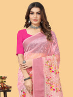 Sangria Pink & White Floral Embroidered Zari Organza Bagh Sarees | Grocsy