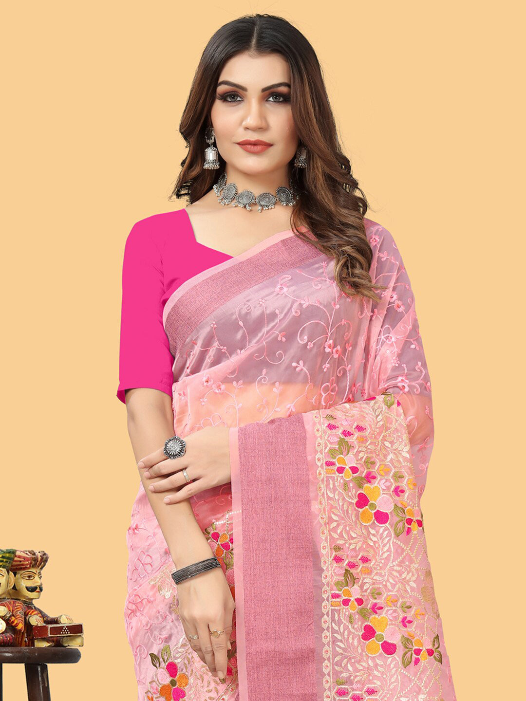 Sangria Pink & White Floral Embroidered Zari Organza Bagh Sarees | Grocsy