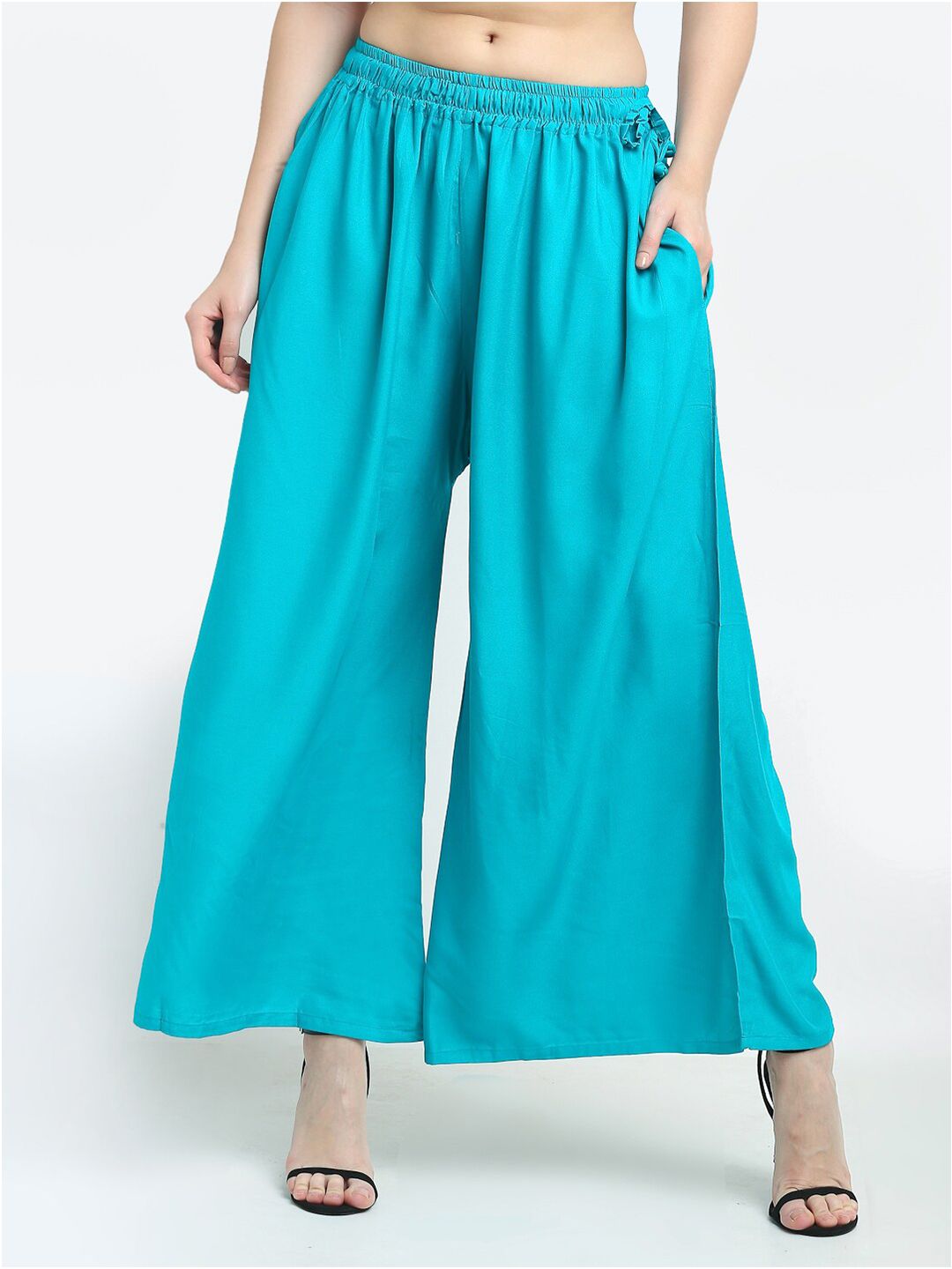 TAG 7 Women Pack Of 2 Cream-Coloured & Turquoise Blue Flared Ethnic Palazzos | Grocsy