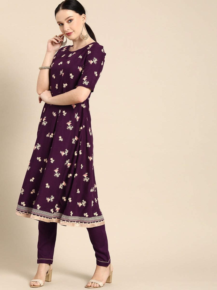 All About You Women Purple Floral Print Regular Kurta with Trousers | Grocsy