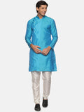 Sethukrishna Men Turquoise Blue Angrakha Kurta with Trousers | Grocsy