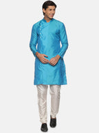 Sethukrishna Men Turquoise Blue Angrakha Kurta with Trousers | Grocsy