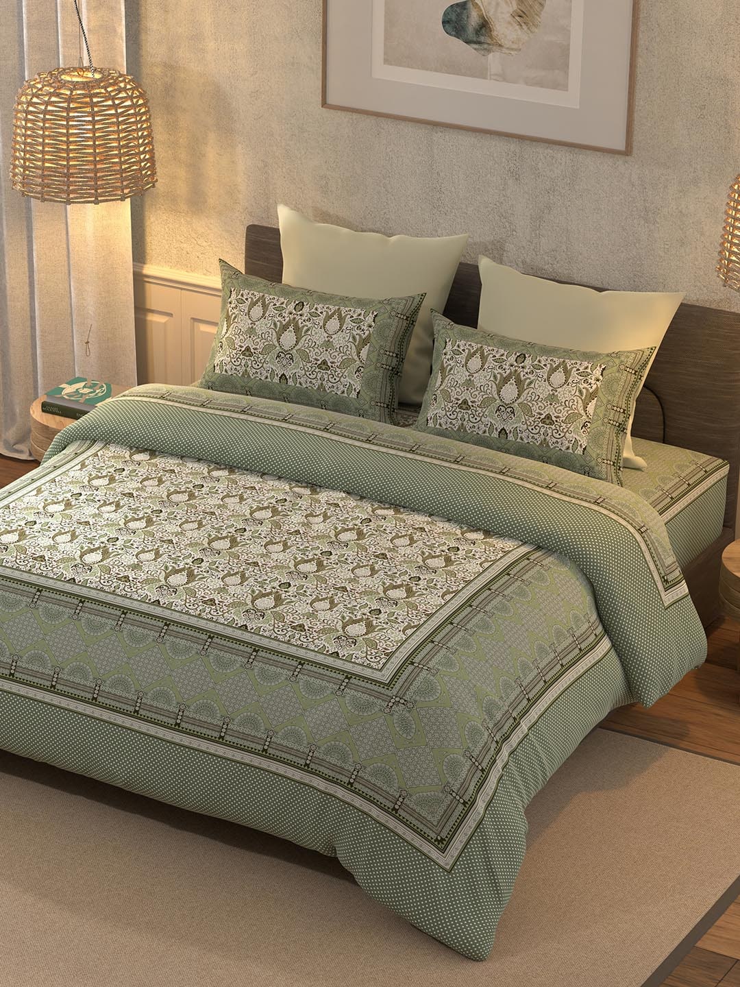 BELLA CASA Teal & Off White Printed 350 TC King Pure Cotton 2 Pillow Covers Bedsheet | Grocsy