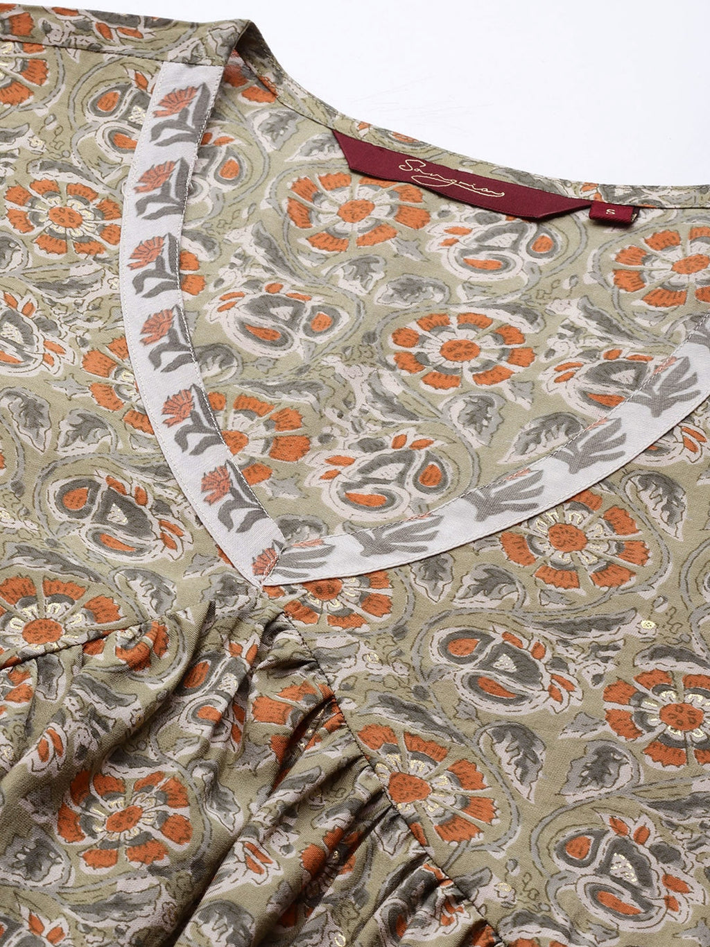 Sangria Women Olive Green Floral Printed Empire Kurta with Trousers | Grocsy