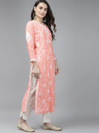 ADA Women Peach-Coloured & White Ethnic Motifs Chikankari Cotton Handloom Kurta | Grocsy