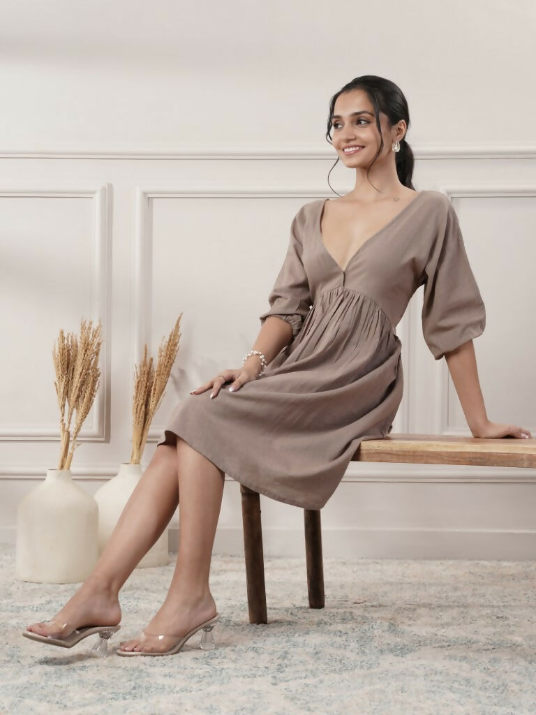 Joban Fashion Women's Brown Cotton V-Neck Dress | Grocsy
