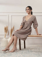 Joban Fashion Women's Brown Cotton V-Neck Dress | Grocsy