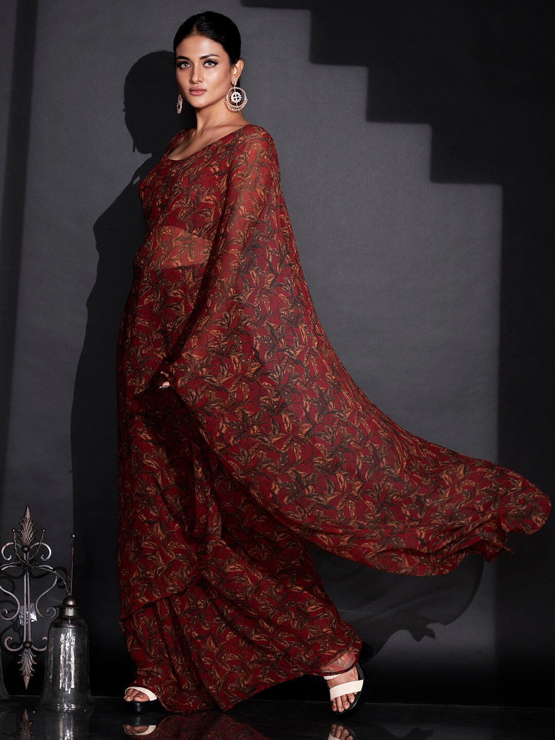Tikhi Imli Red & Green Floral Printed Poly Georgette Ready To Wear Saree | Grocsy