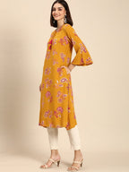 All About You Women Mustard Yellow Ethnic Motifs Printed Flared Sleeves Kurta | Grocsy