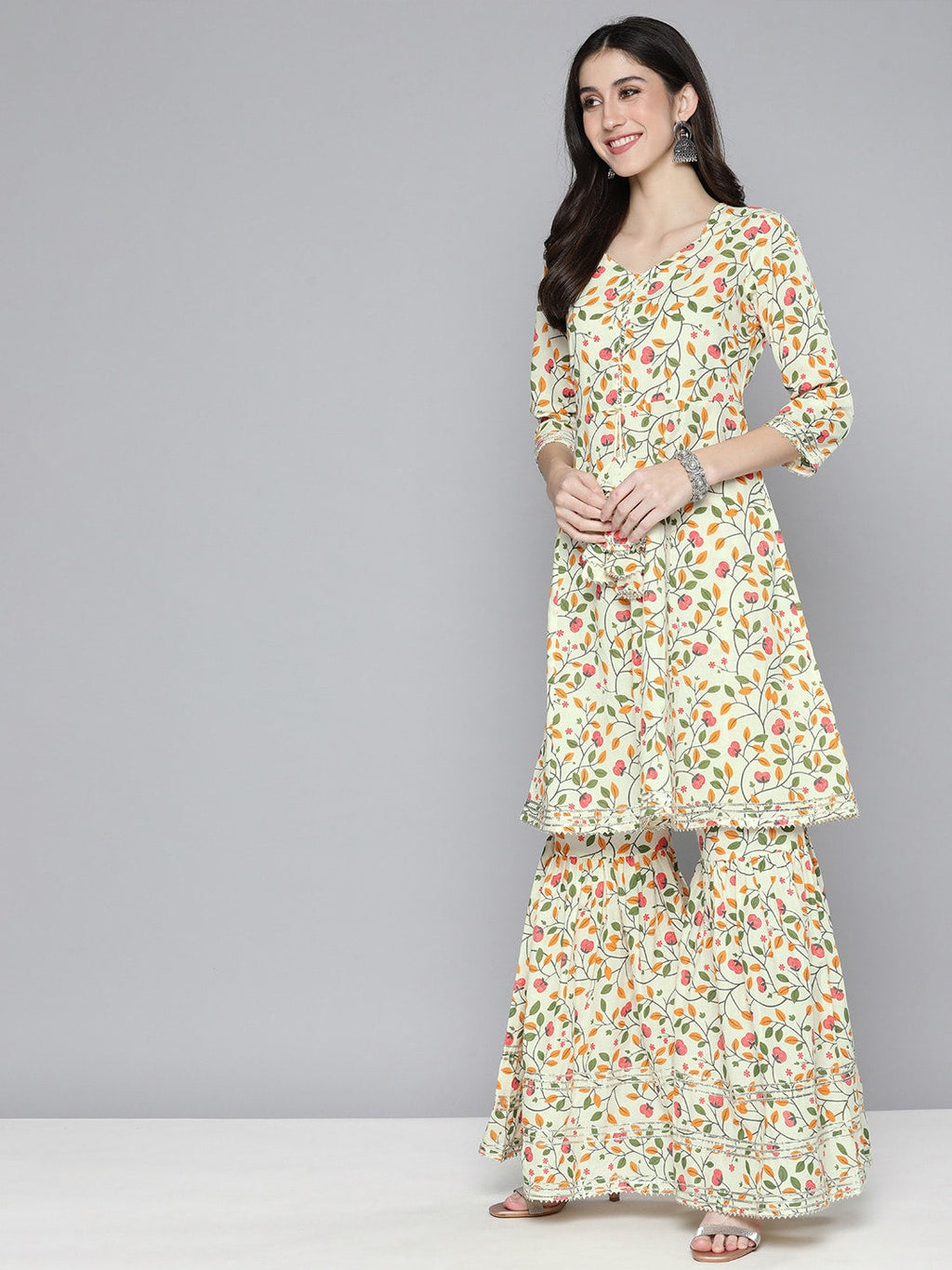 HERE&NOW Women Floral Printed Gotta Patti Pure Cotton Kurta with Sharara & Dupatta | Grocsy