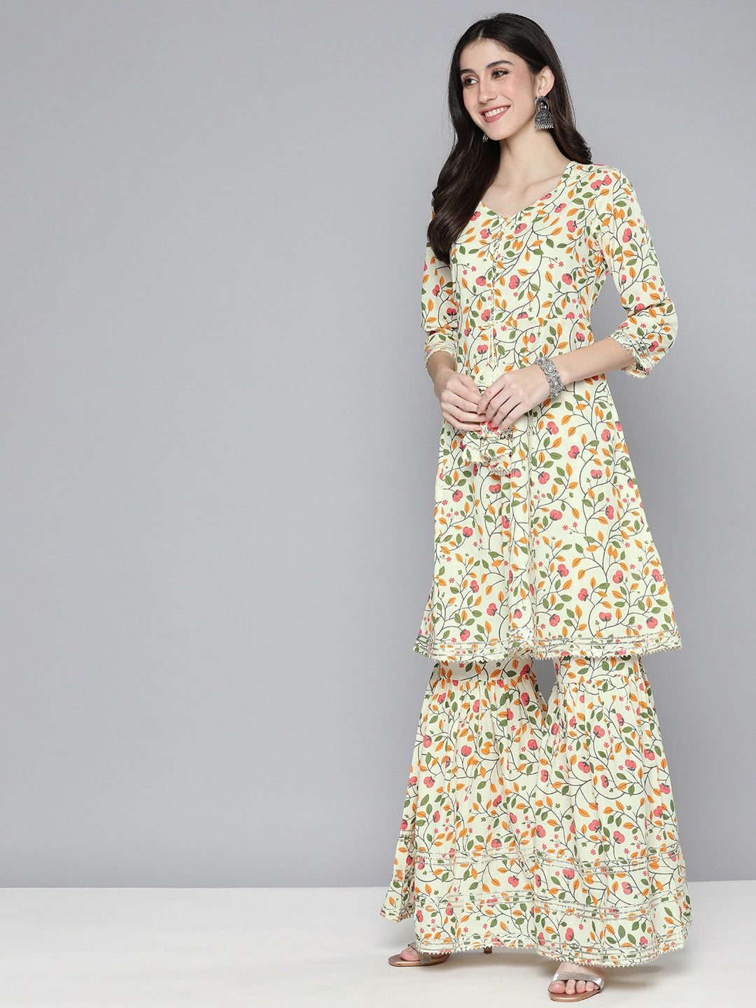 HERE&NOW Women Floral Printed Gotta Patti Pure Cotton Kurta with Sharara & Dupatta | Grocsy