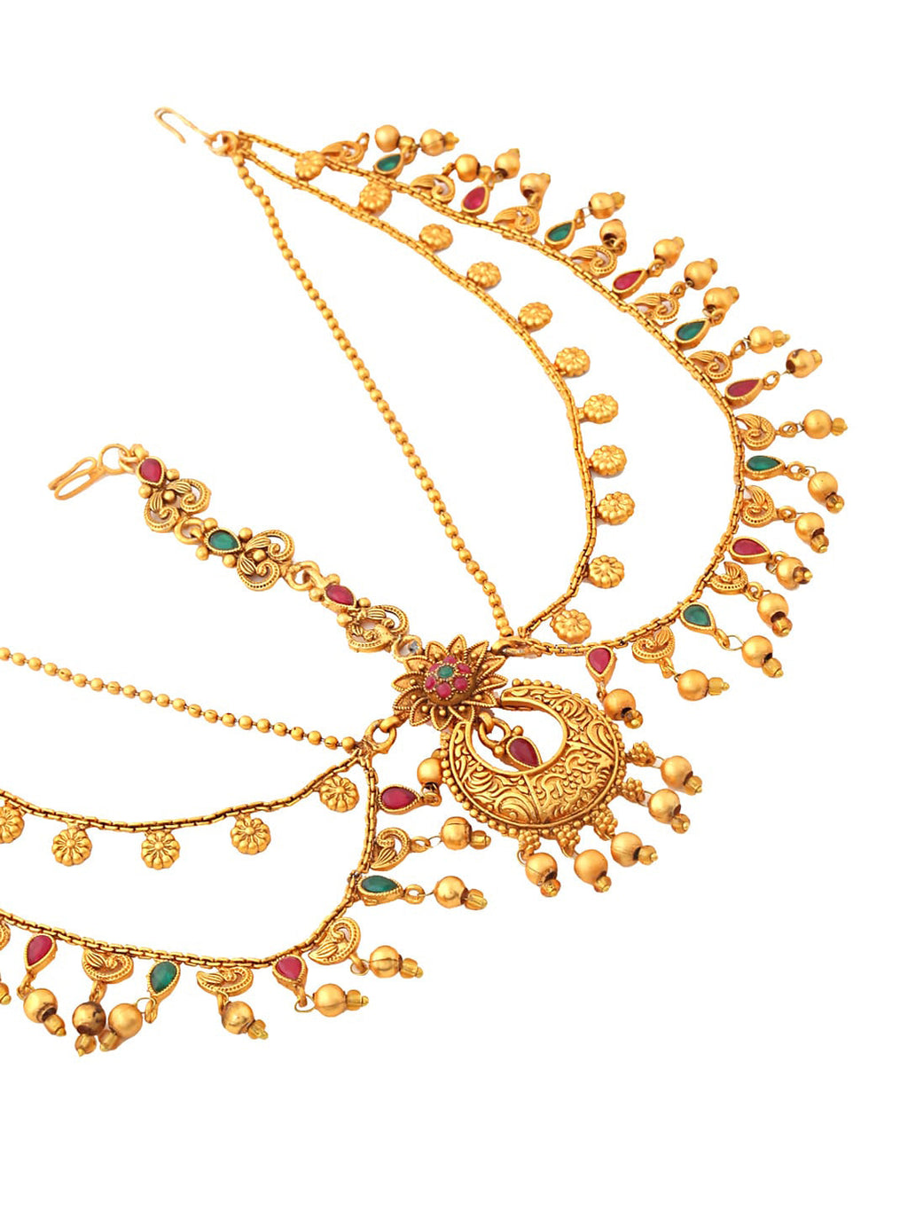 Yellow Chimes Gold-Polished Red & Green Stone-Studded Layered Bridal Maatha Patti | Grocsy