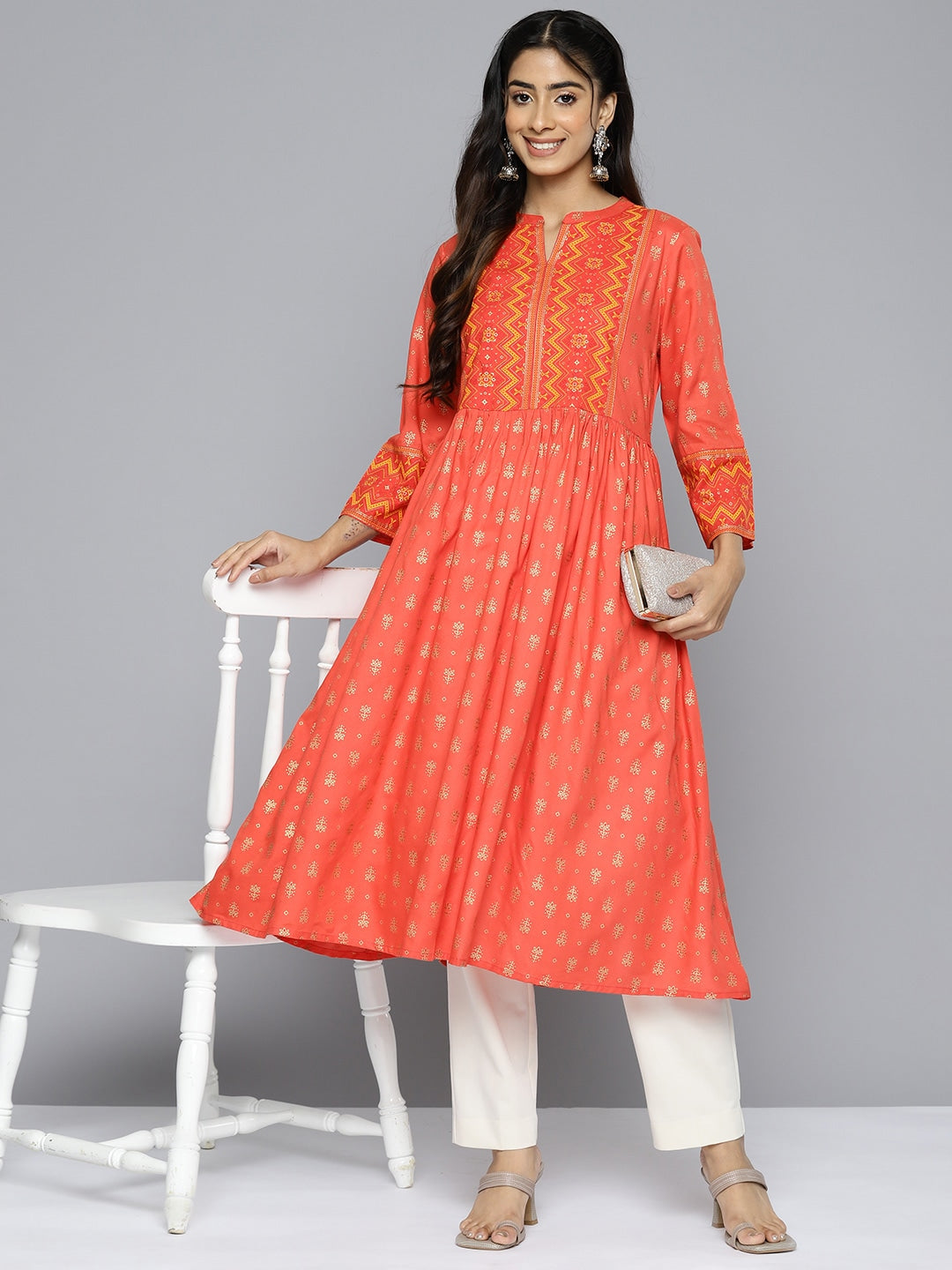HERE&NOW Women Orange Ethnic Motifs Printed Kurta | Grocsy