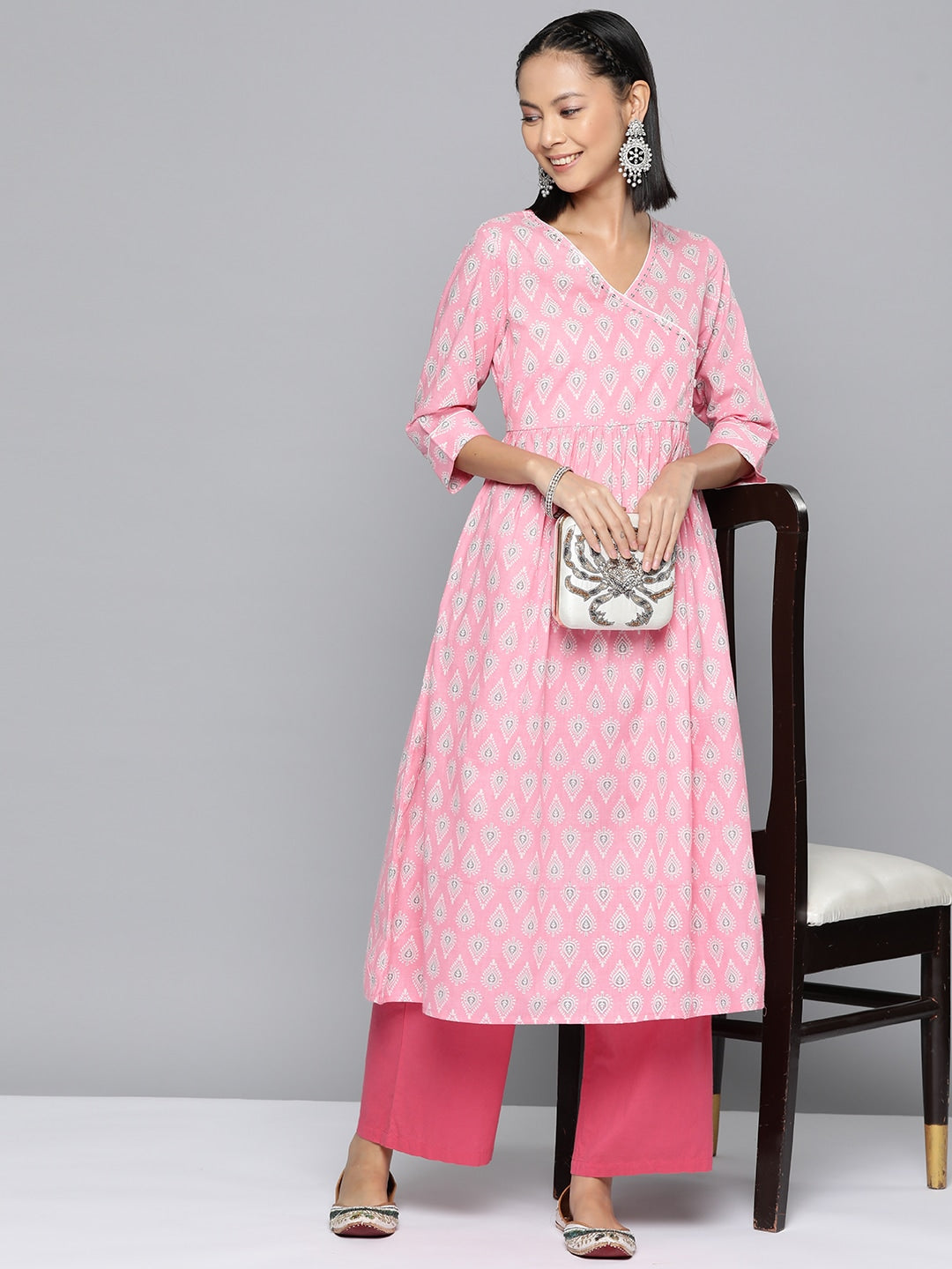 HERE&NOW Ethnic Motifs Printed Sequined Detail Angrakha Kurta | Grocsy
