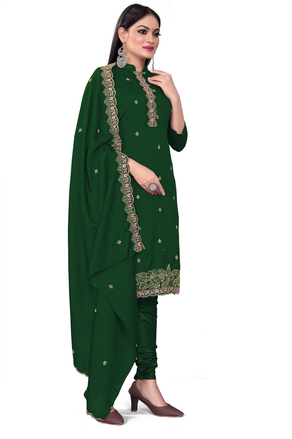 Green Silk Embroidered with Sequins work Unstitched Dress Material - Tanvi | Grocsy
