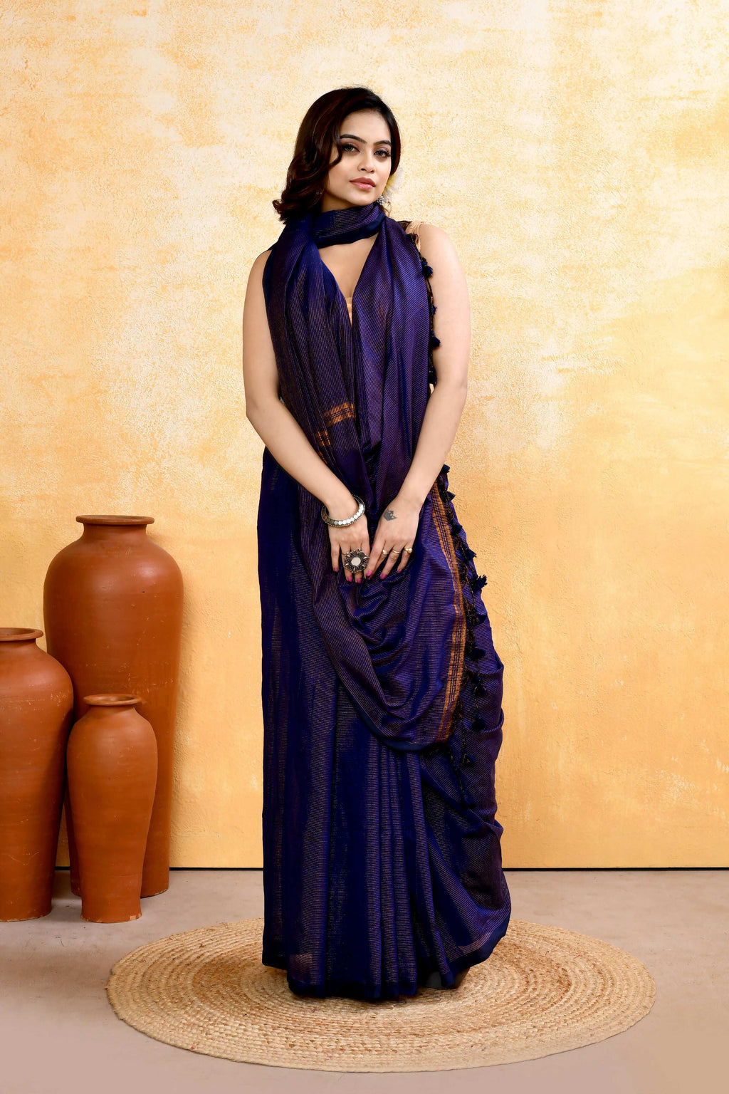 Piyari Fashion Women's Navy Blue Embellished Cotton Blend Zari Check Handloom Saree | Grocsy