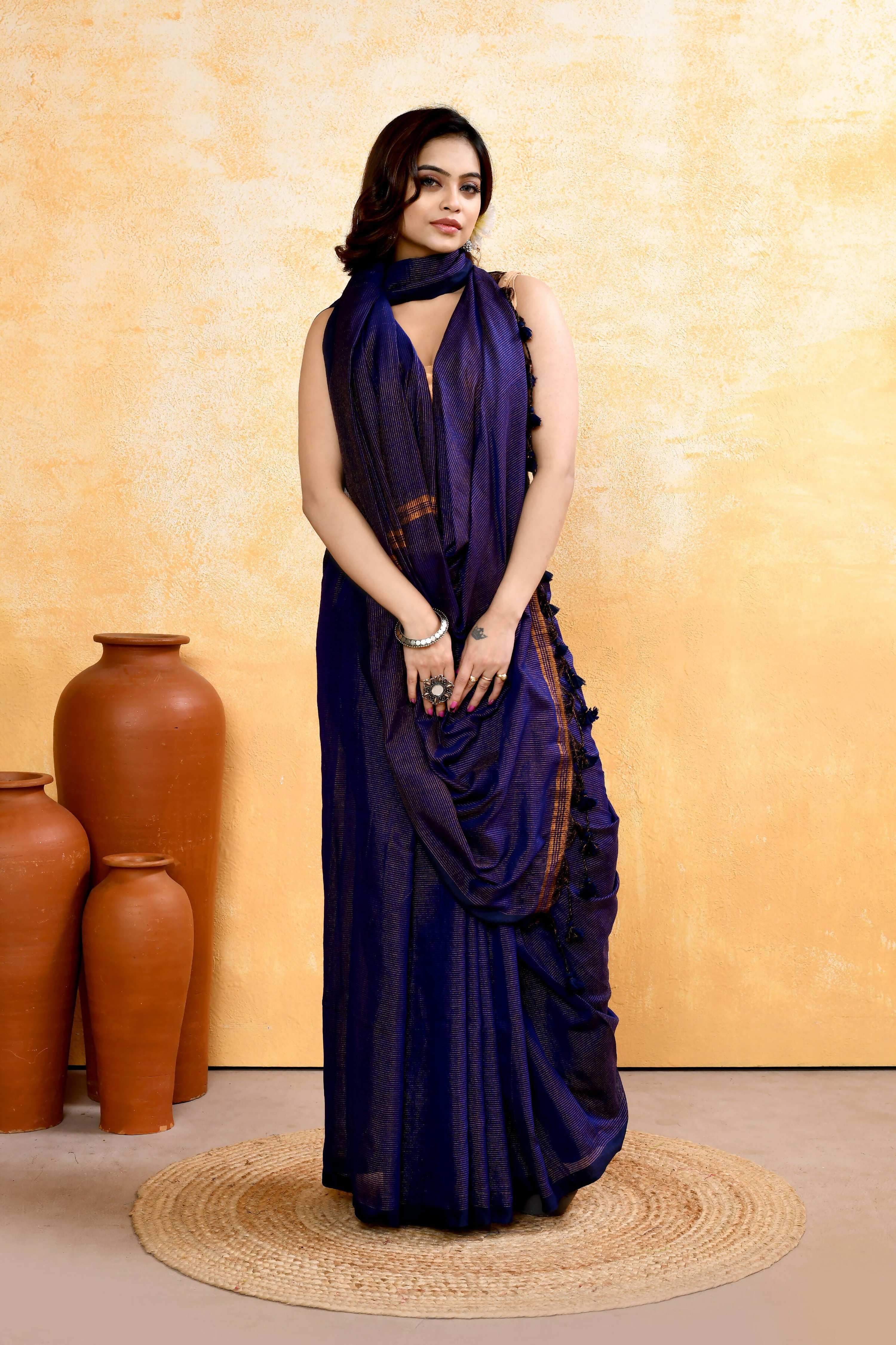 Piyari Fashion Women's Navy Blue Embellished Cotton Blend Zari Check Handloom Saree | Grocsy
